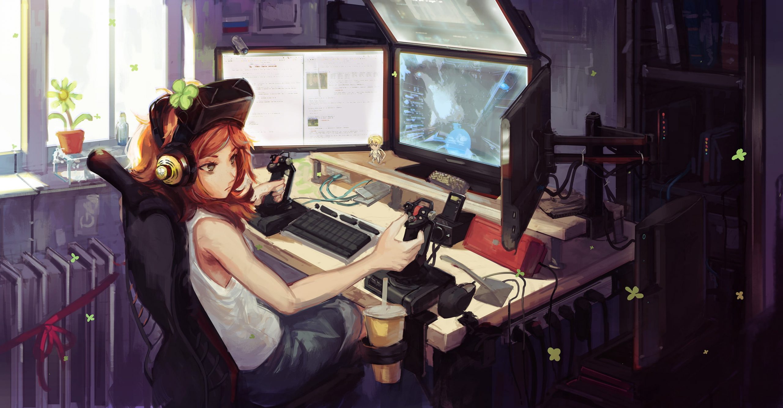 Anime girl computer gamer, girl wearing white tank top illustration