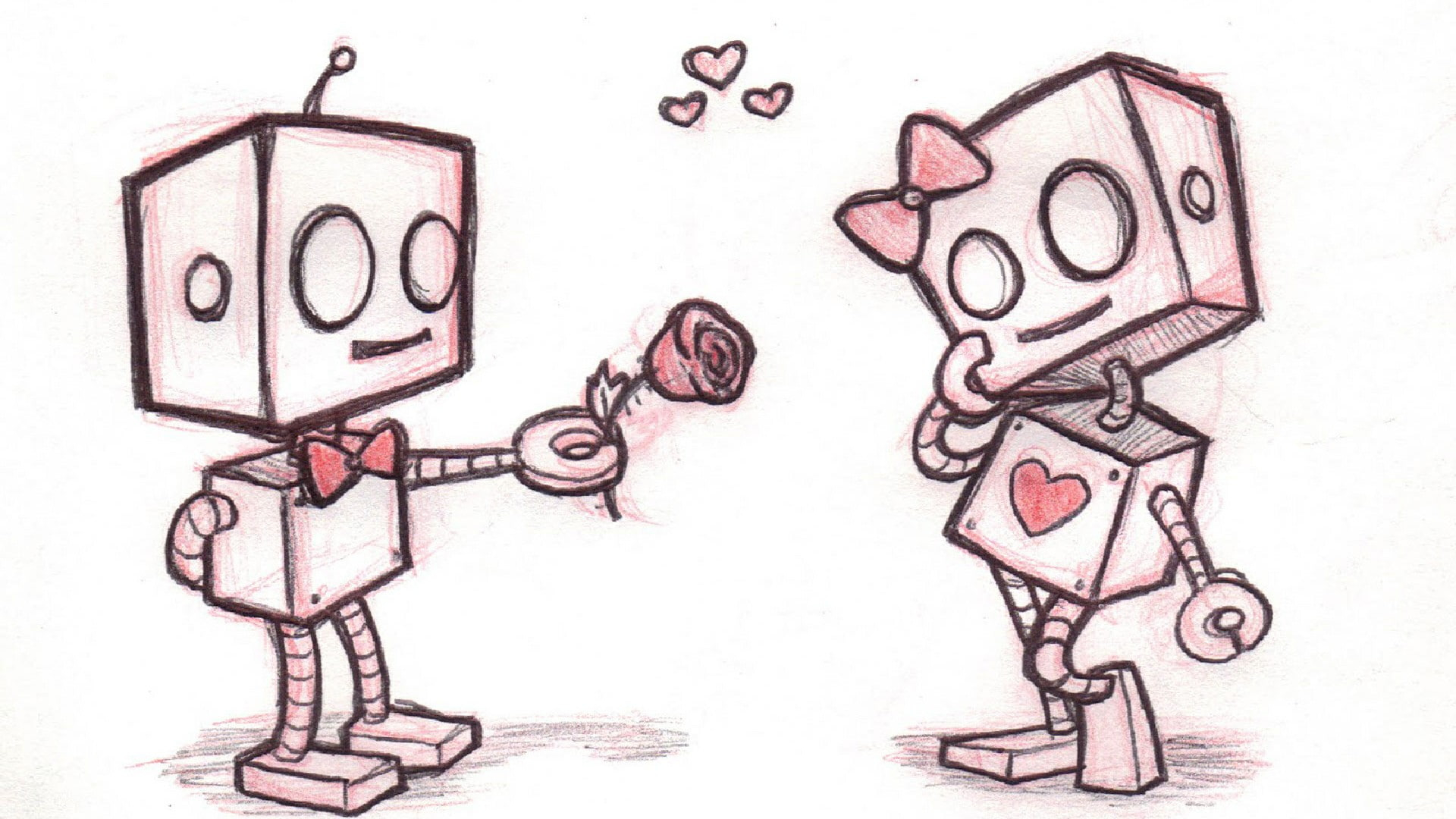 Robot, sketch, love, cute, girly, relationship, flower, couple wallpaper