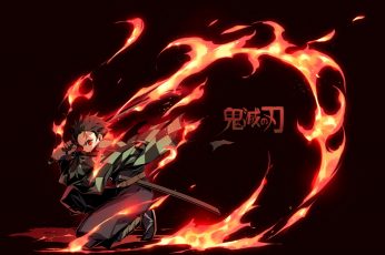 Kimetsu no Yaiba wallpaper, Anime, Demon Slayer, Boy, Fire, Katana, Red Eyes