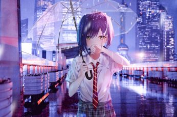 Rain wallpaper, anime art, cry, anime girl, umbrella, transparent umbrella