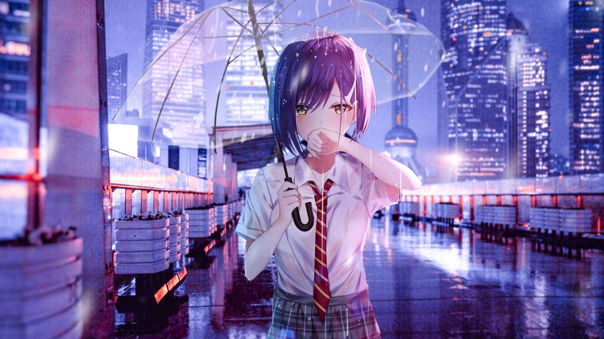 Rain wallpaper, anime art, cry, anime girl, umbrella, transparent
