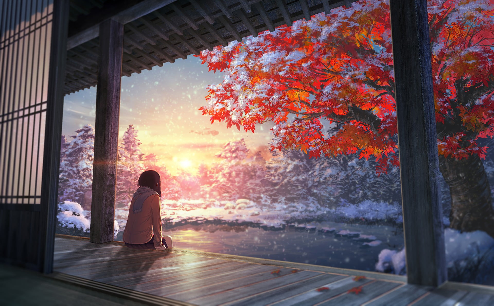 Anime wallpaper, anime girls, artwork, tree, one person, rear view, nature