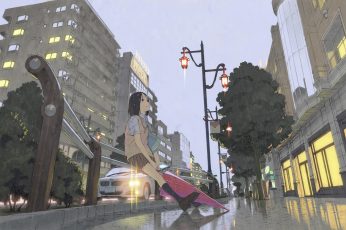Animated girl wallpaper, umbrella, rain, city, schoolgirl, alone wallpaper