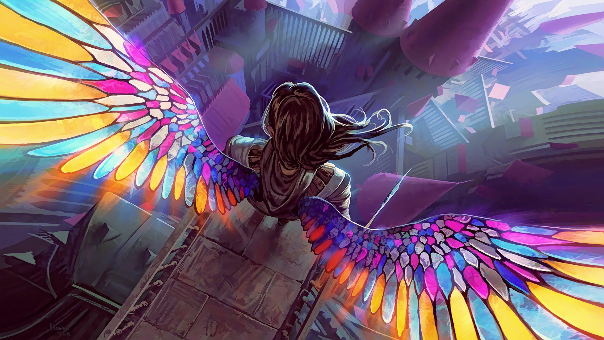 Girl with multicolored wing illustration, fantasy art, artwork wallpaper