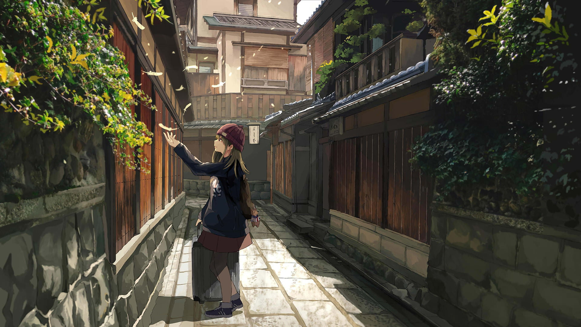 Girl holding luggage raising her left-hand anime digital wallpaper