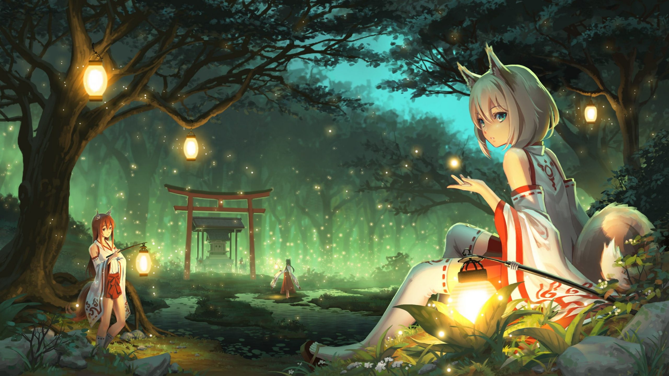 Futuristic girl sitting on grass field, anime, anime girls, animal ears wallpaper