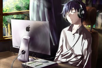 Male anime character in front iMac monitor illustration, guy wallpaper