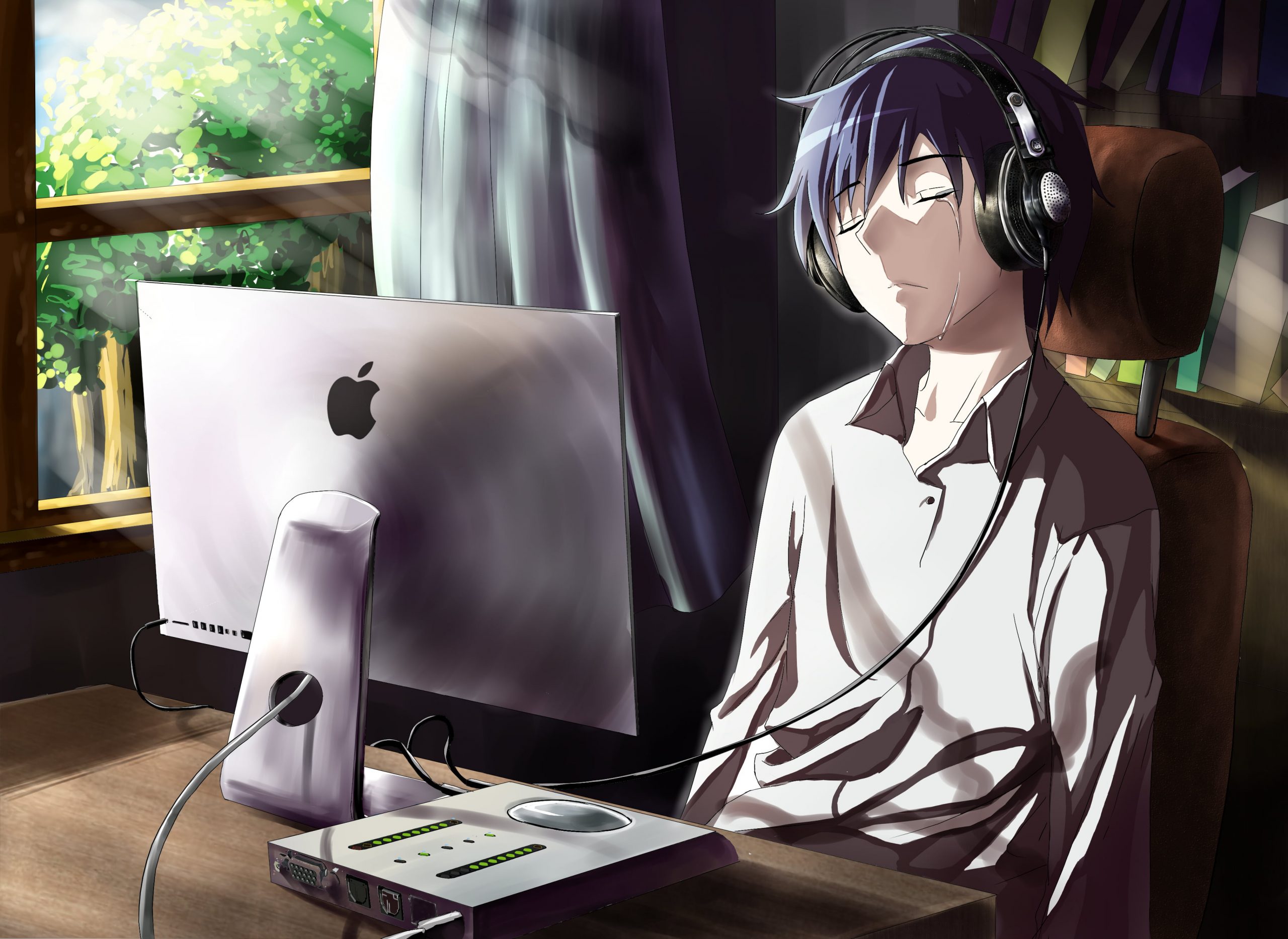 Male anime character in front iMac monitor illustration, guy wallpaper