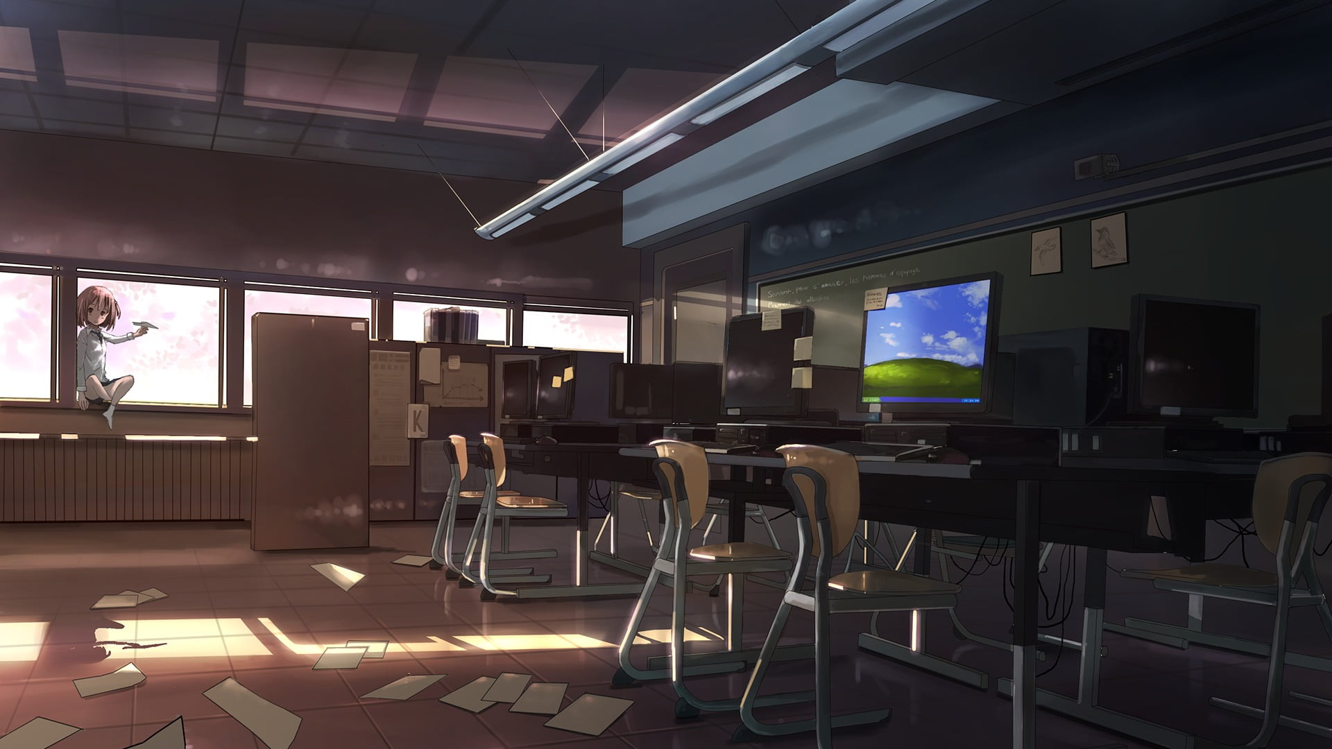 Flat-screen computer monitor, room, anime girls, classroom, original characters wallpaper