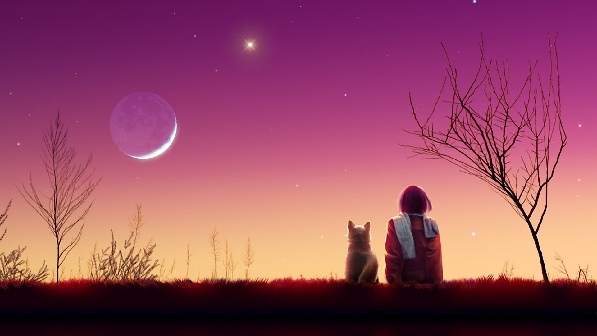 Wallpaper girl sitting beside dog digital wallpaper, kagaya moon, anime
