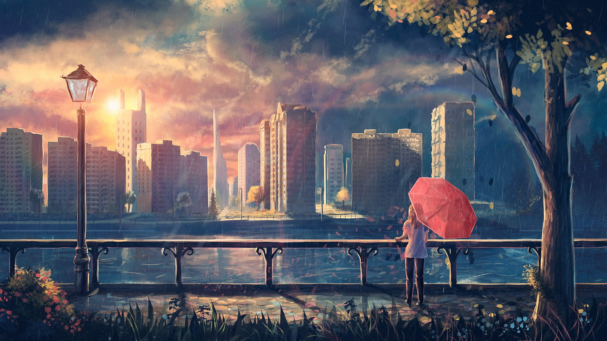 Woman holding umbrella looking building painting, woman using pink umbrella watching the body of water and buildings