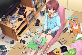 Wallpaper anime girl illustration, purple eyes, room, original characters