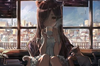 Brown-haired girl drinking coffee animated character wallpaper