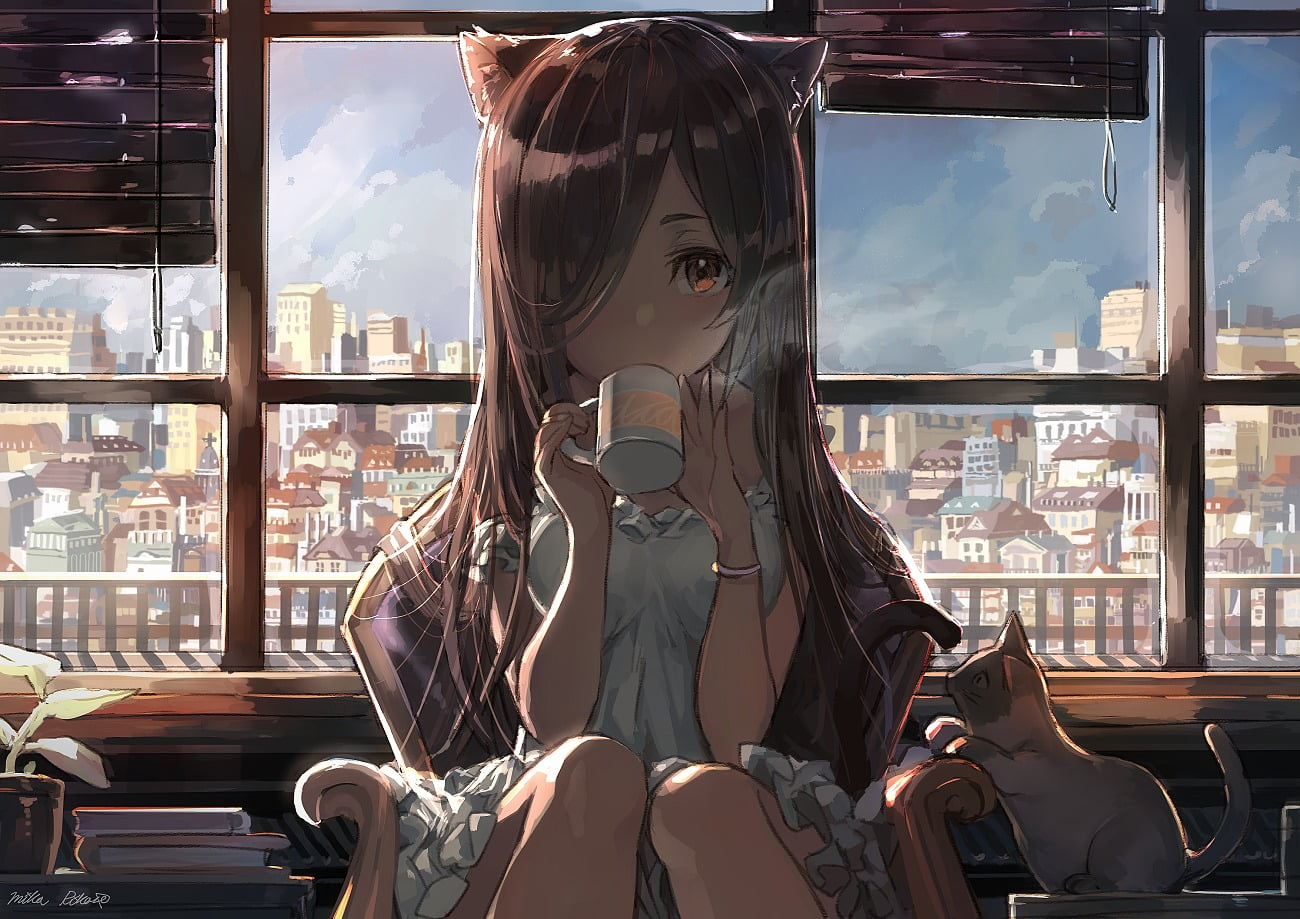 Brown-haired girl drinking coffee animated character wallpaper