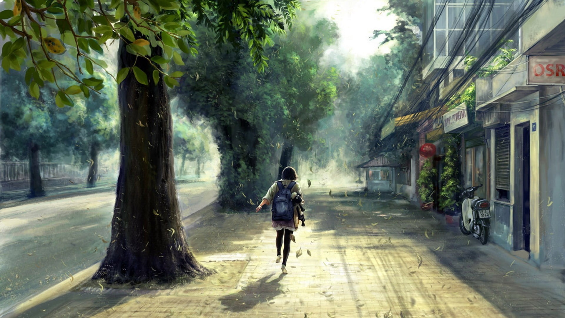 Wallpaper person’s black pants, woman running under trees, artwork, building