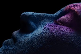 Wallpaper person face, person’s face with blue and purple powder in dark room
