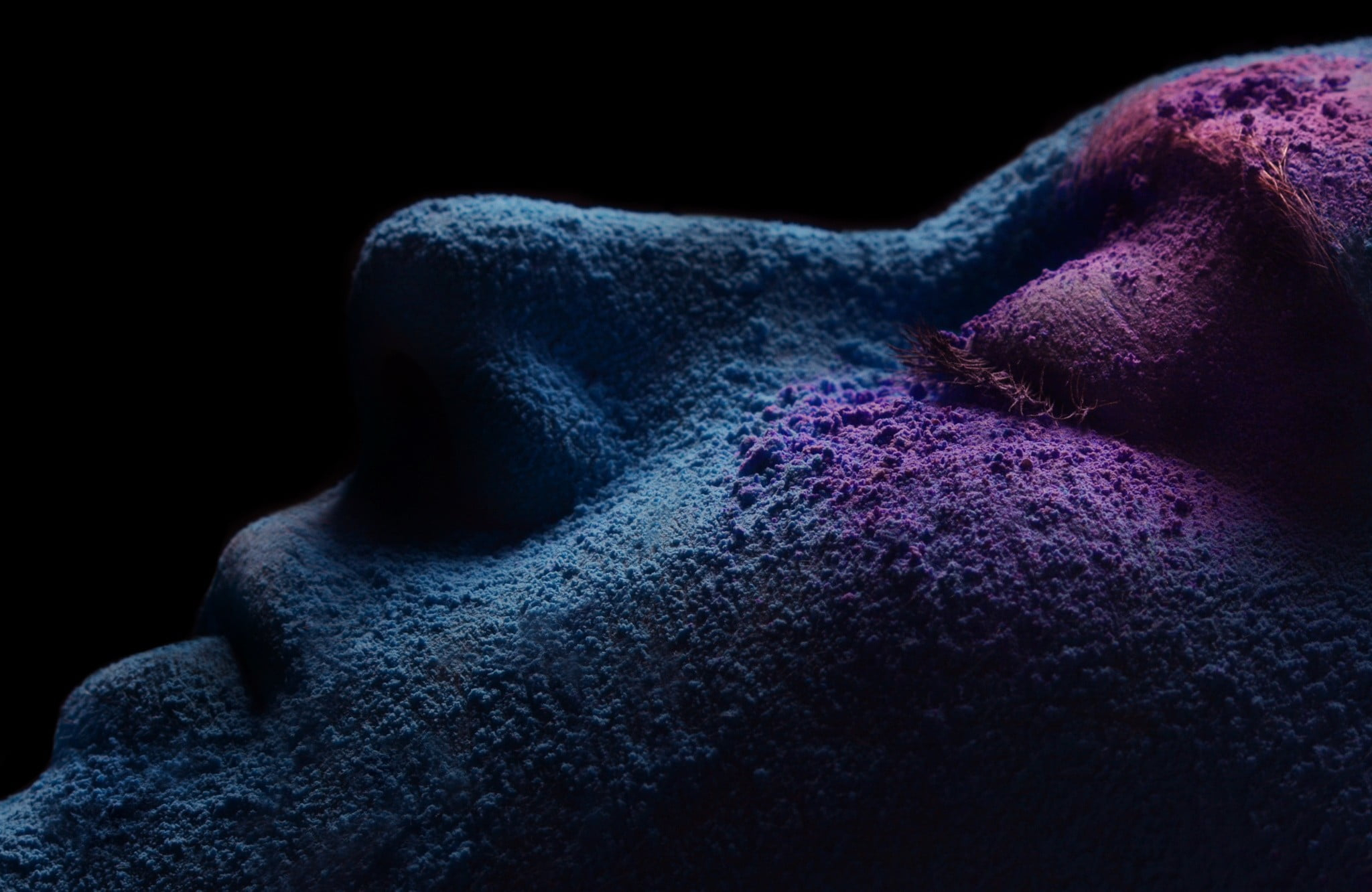 Wallpaper person face, person's face with blue and purple powder in dark room