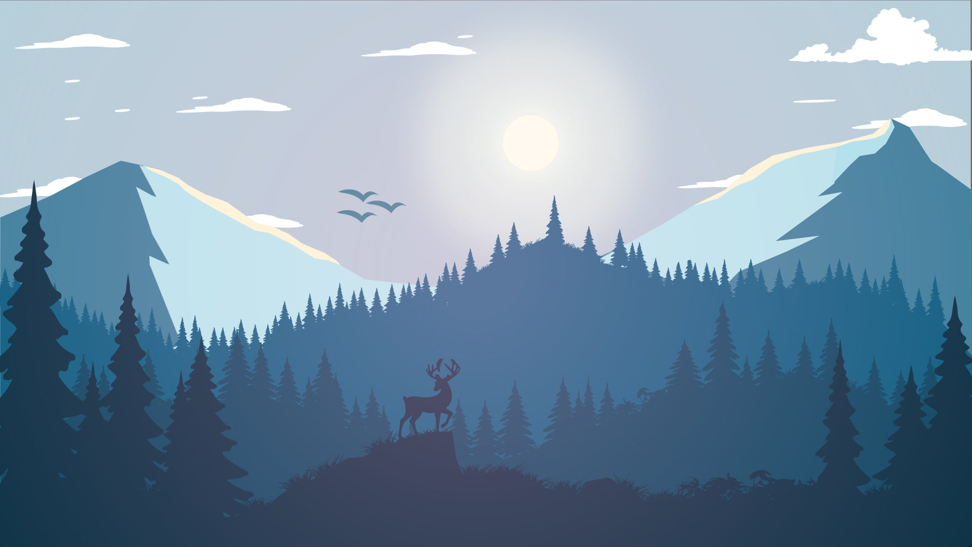 Deer on mountain wallpaper, silhouette of trees under white sky illustration