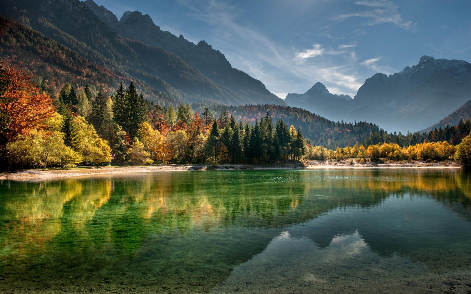 Body of water wallpaper, calm body of water surrounded with trees and mountains
