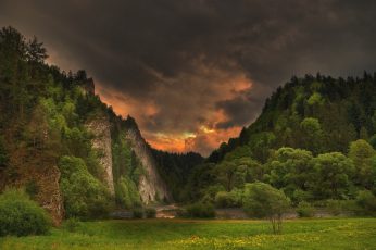 Green leafed trees wallpaper, spring, river, storm, clouds, forest, hills