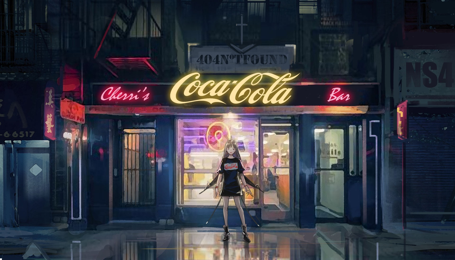 Brown-haired female anime character wallpaper, Coca-Cola, night, anime girls