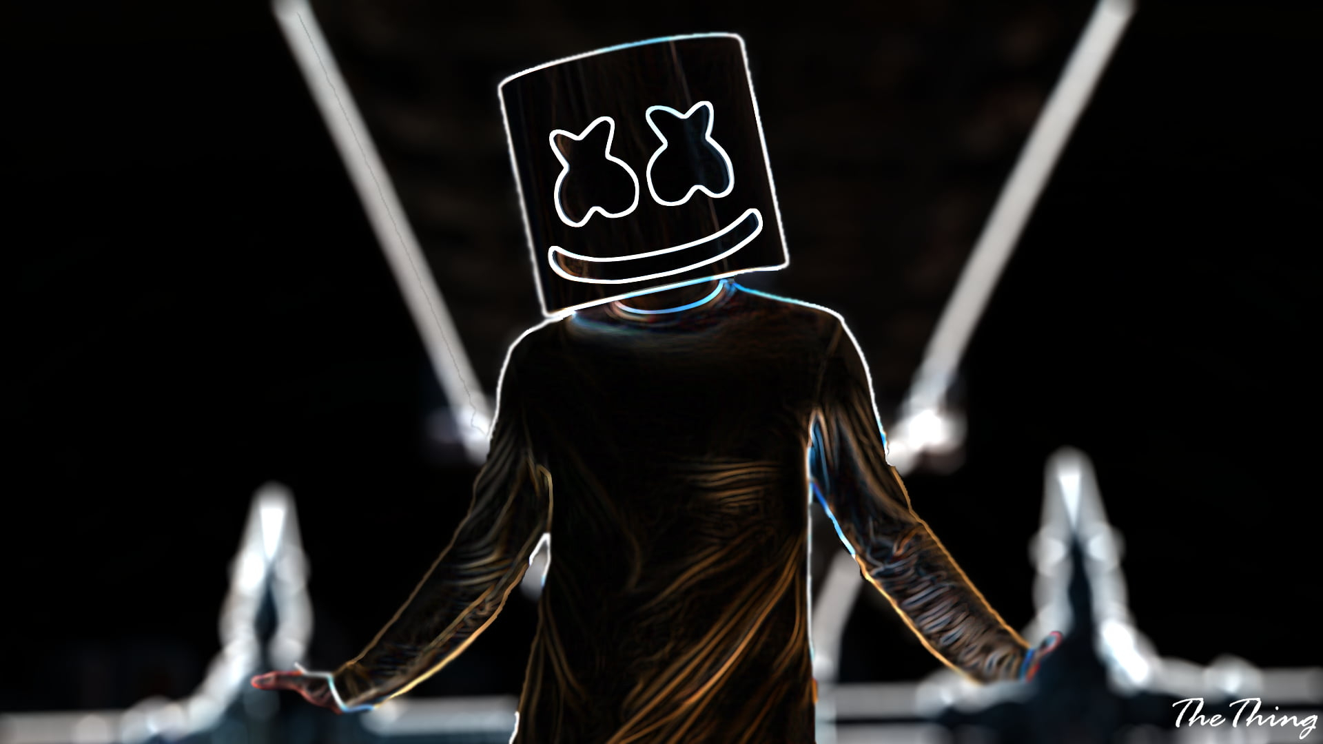 Marshmello wallpaper, neon, musical instrument, The Killers, indoors, one person