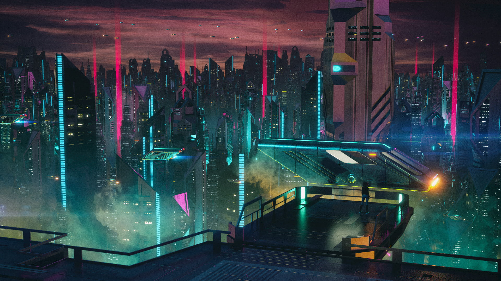 Futuristic city illustration wallpaper, aniamted city skyline, science fiction