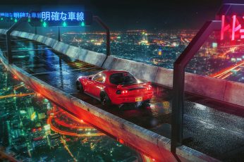 neon wallpaper 3D, render, car, Mazda rx7, bridge, city, Khyzyl Saleem