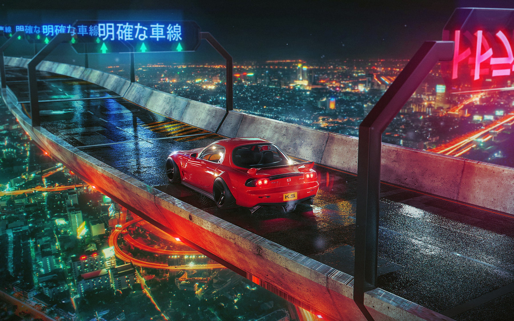 neon wallpaper 3D, render, car, Mazda rx7, bridge, city, Khyzyl Saleem