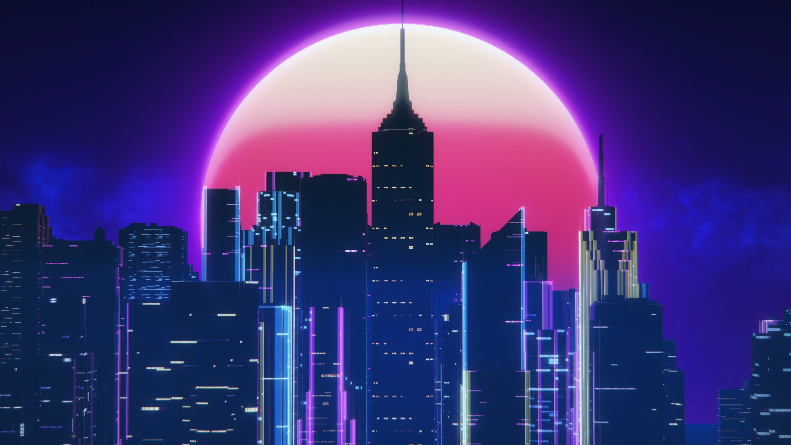 Night wallpaper, Music, The city, The moon, Style, Neon, 80's, Synth