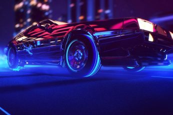 Red coupe illustration wallpaper, synthwave, 1980s, neon, DeLorean, car