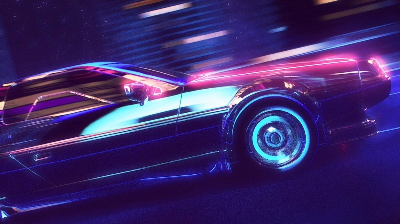 Black car, pink and blue car timelapse photography, New Retro Wave wallpaper