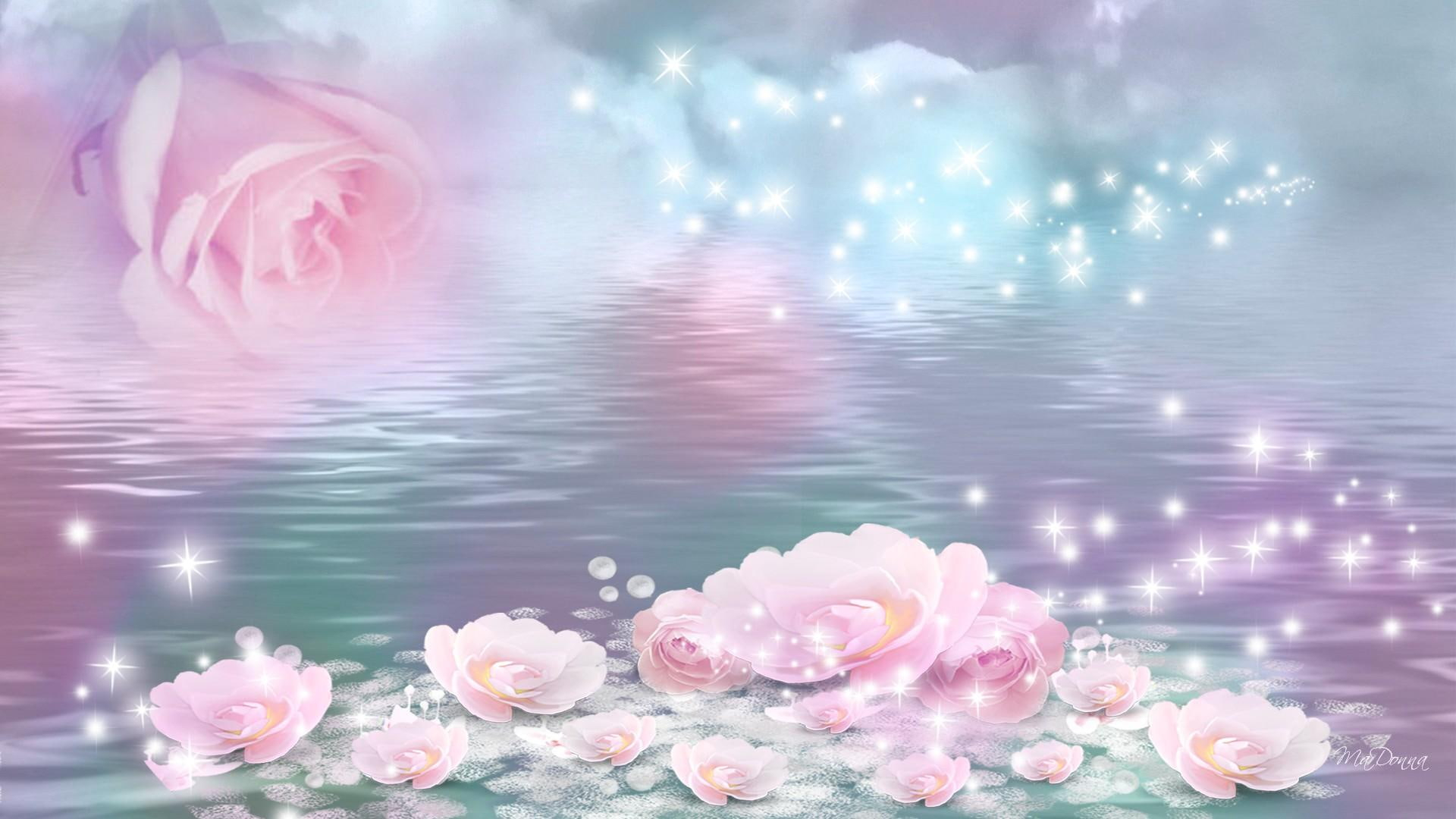 Roses Float wallpaper, stars, lake, sparkle, water, mirage, fantasy, shine