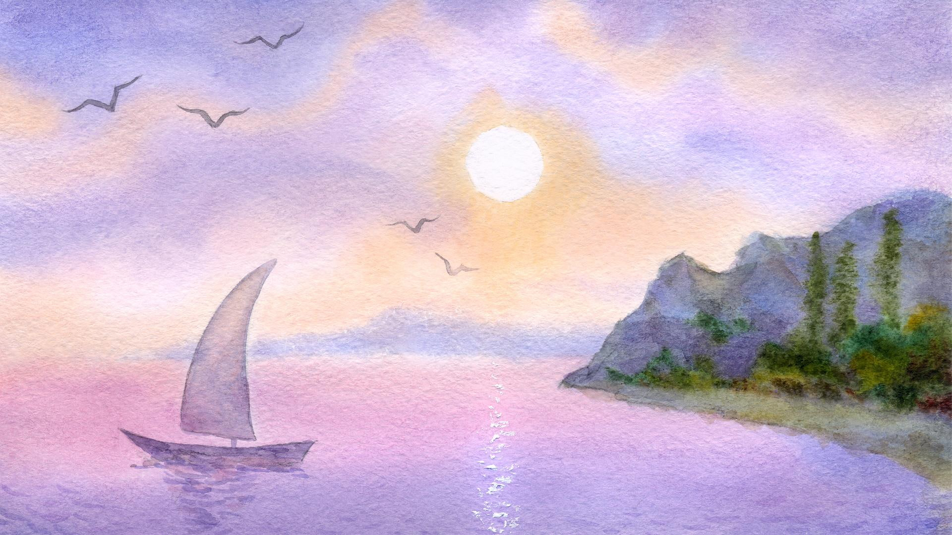 Watercolor Sail wallpaper, island, sail boat, lavender, pink, sunset, trees