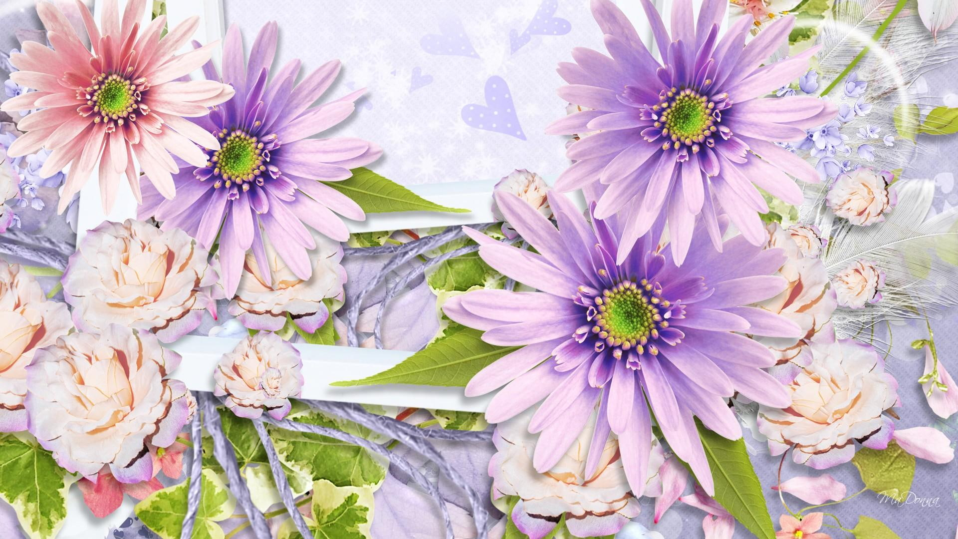 Spring Floral Display wallpaper, soft, pink roses, flower, lavender, hearts