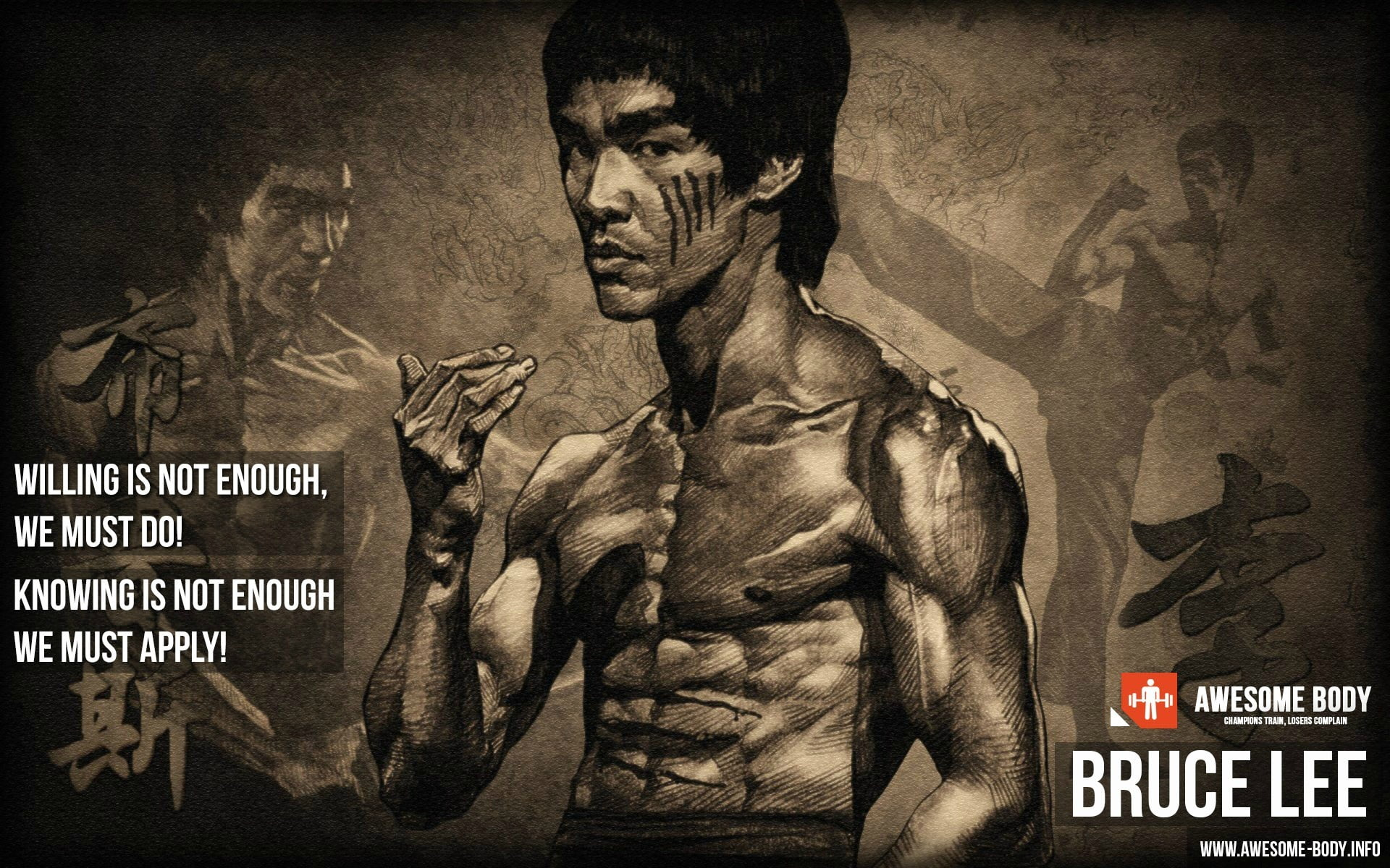 Bruce Lee wallpaper, working out, skinny, quote, motivational