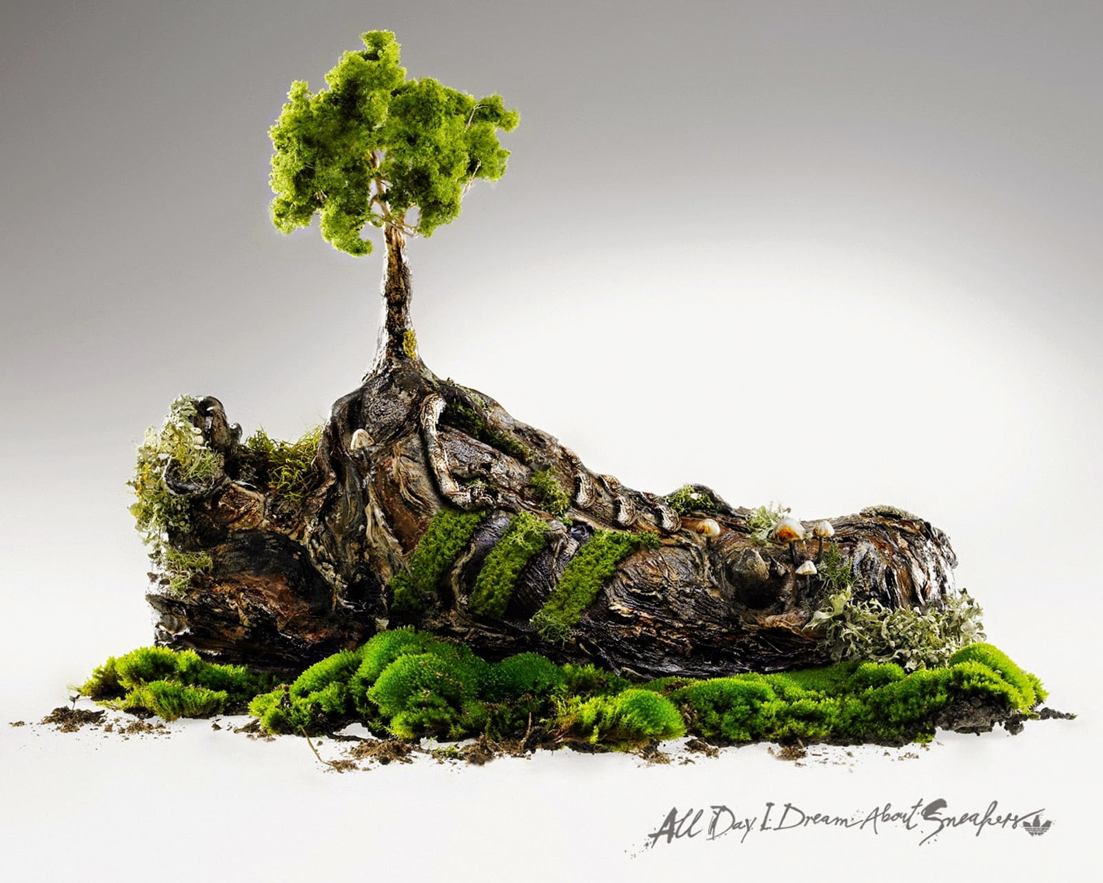 Green tree figurine wallpaper, digital art, Adidas, sneakers, nature, abstract