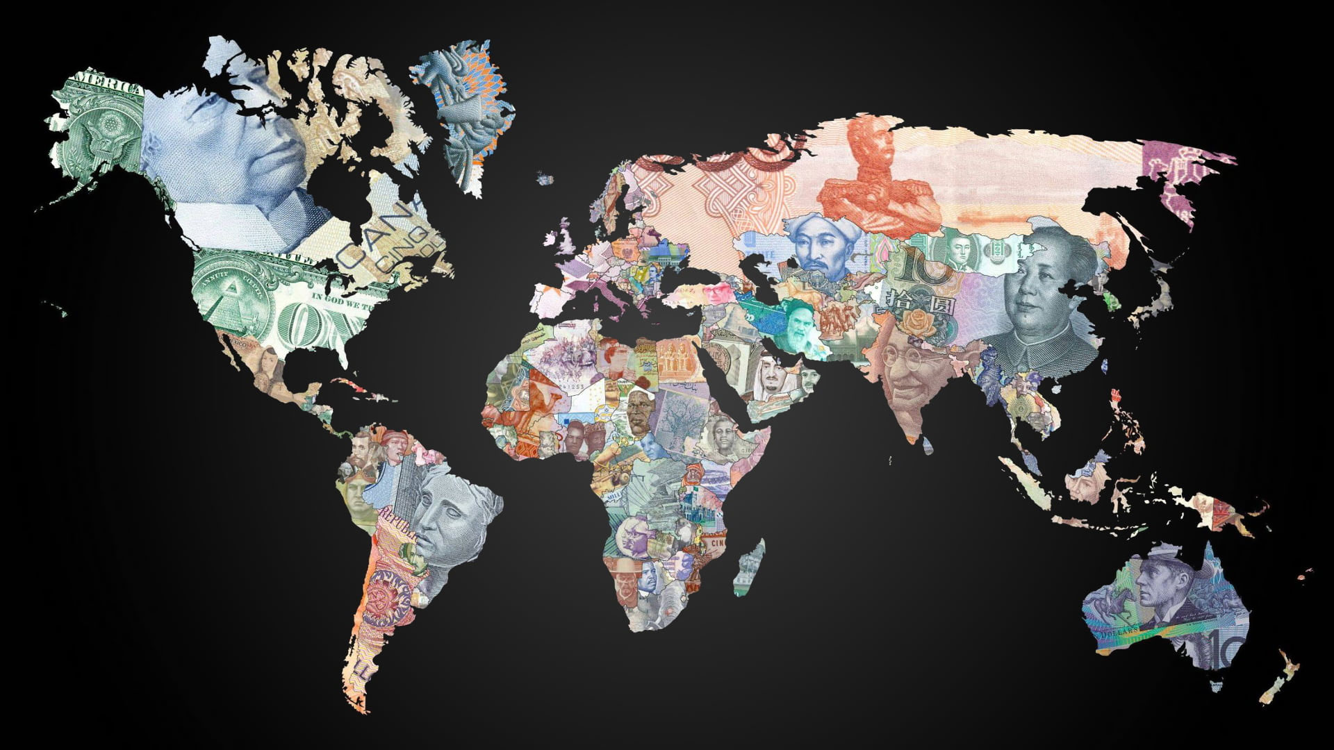 World map wallpaper, money, black background, studio shot, business