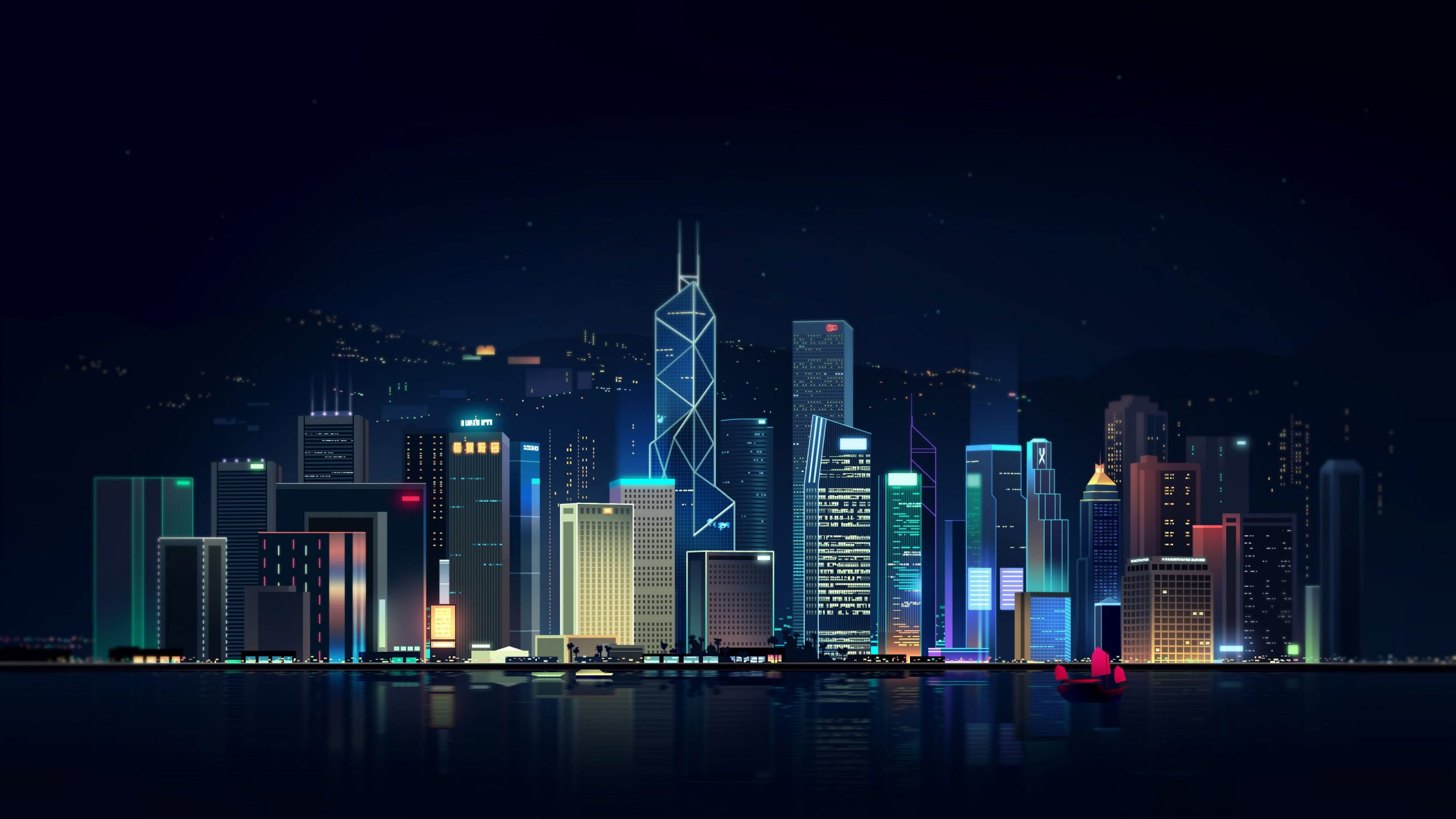 Reflection wallpaper, Sea, Hong Kong, Night, Vector, The city, Neon, Ship