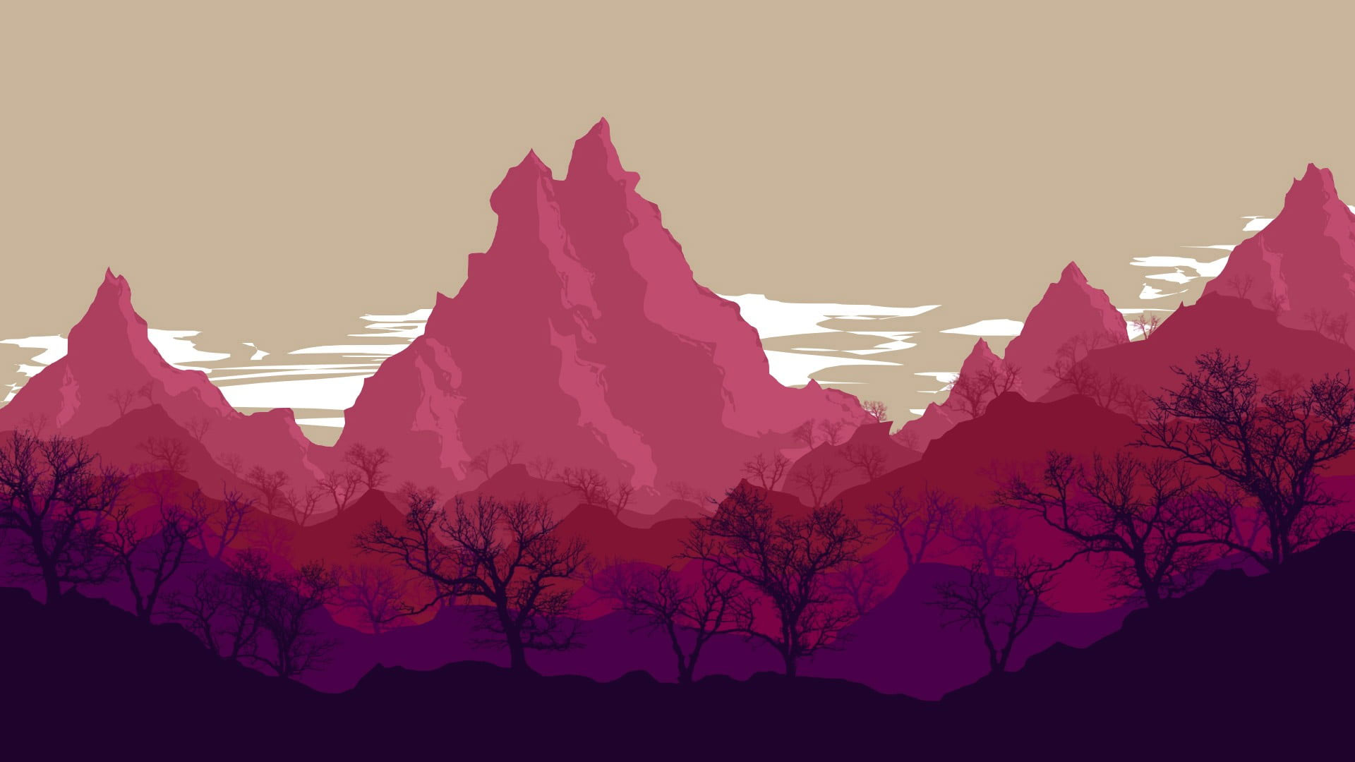 Silhouette of bared trees and pink mountains illustration, digital art wallpaper