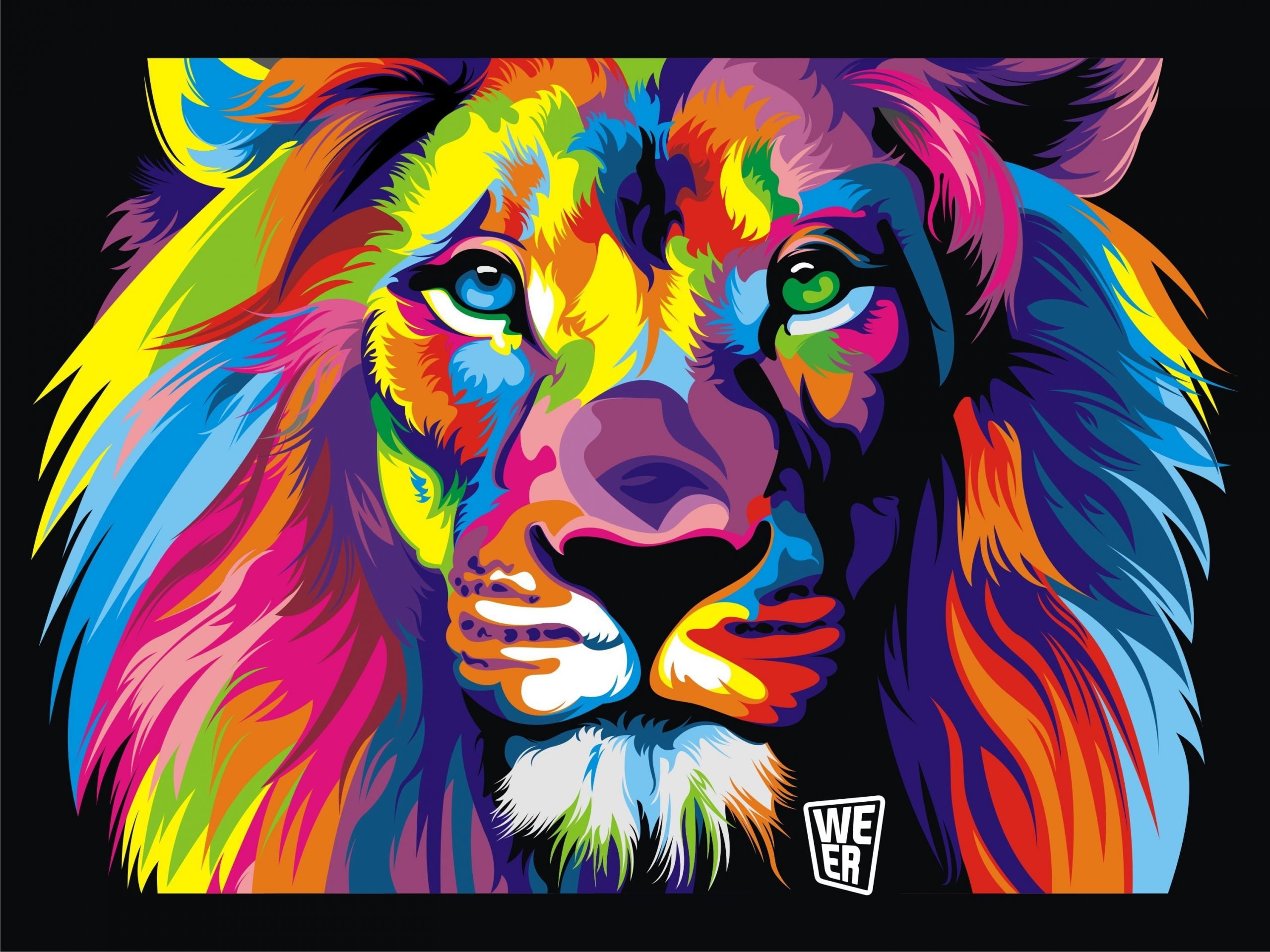 Lion painting wallpaper, colorful, black background, animals, artwork, digital art