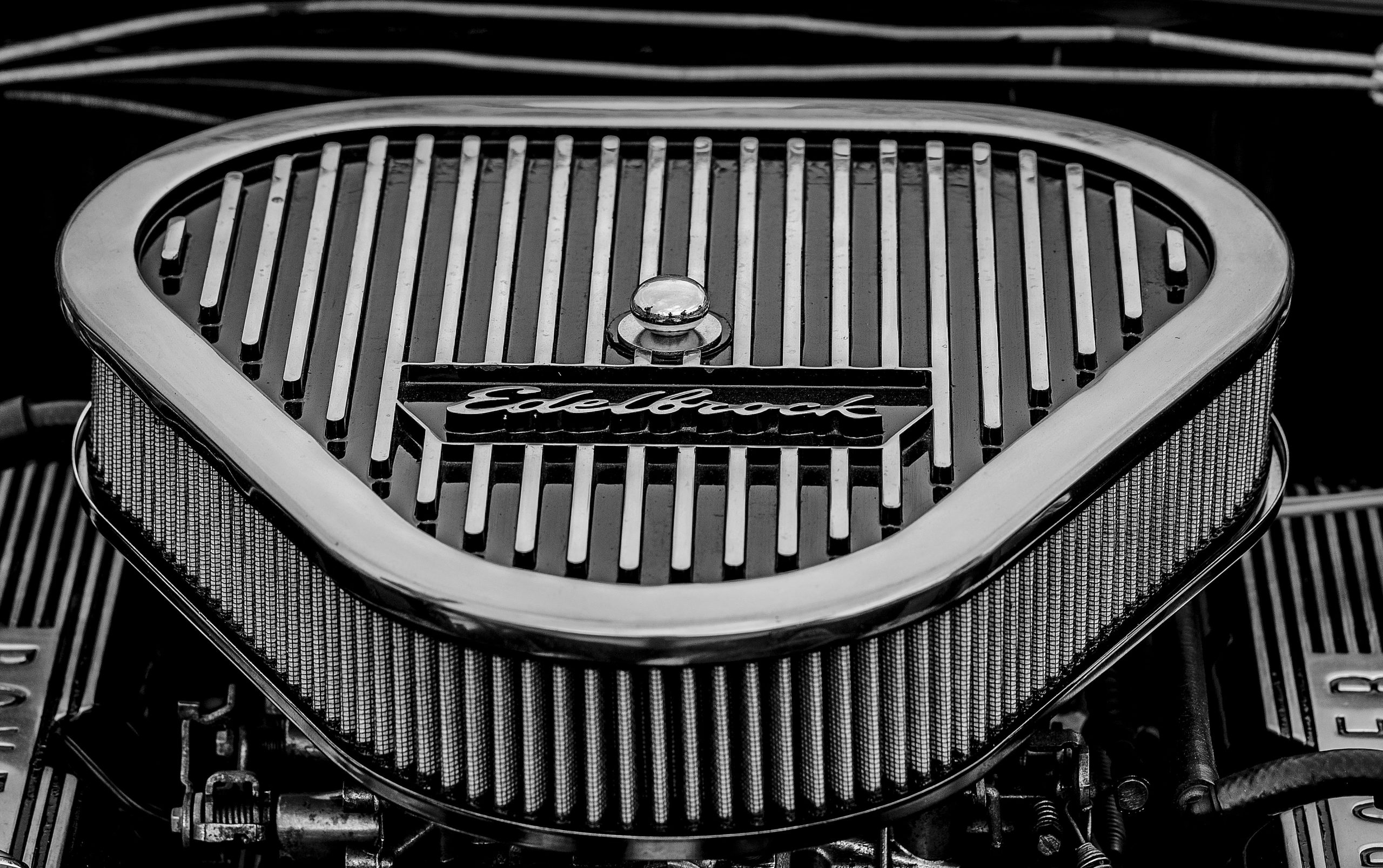 Greyscale photography of Edelbrock air filter wallpaper, car, vehicle