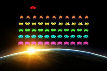 Galaga game wallpaper, pixels, pixel art, digital art, video games, Space Invaders