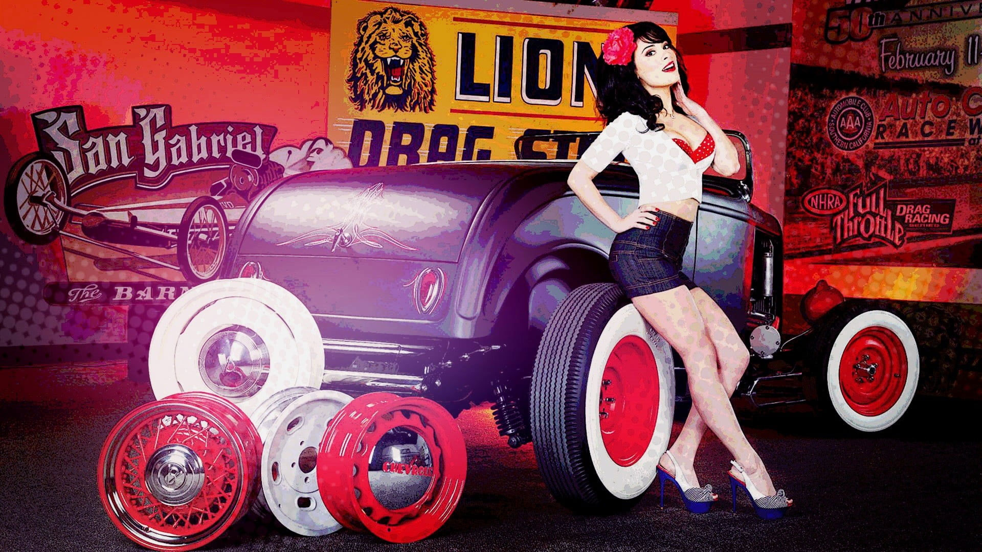 Lion San Gabriel wallpaper, digital art, vintage, brunette, old car