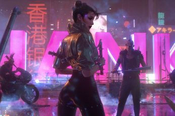 Cyberpunk wallpaper, bikes, women, Asian, futuristic, science fiction