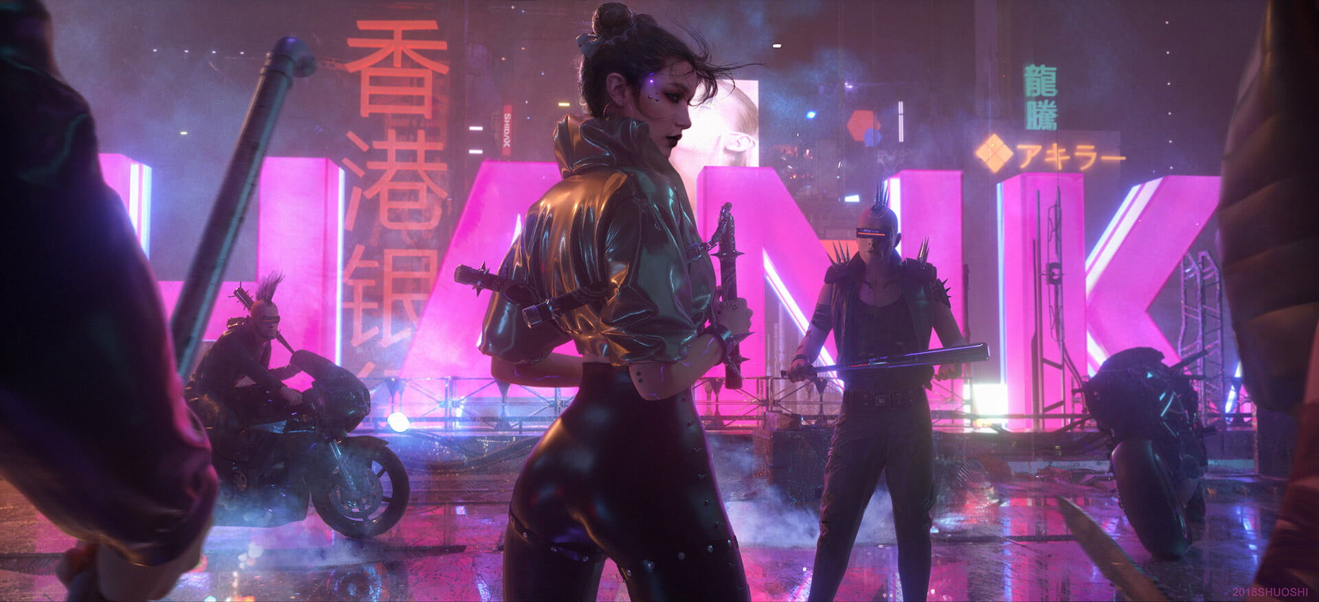 Cyberpunk wallpaper, bikes, women, Asian, futuristic, science fiction