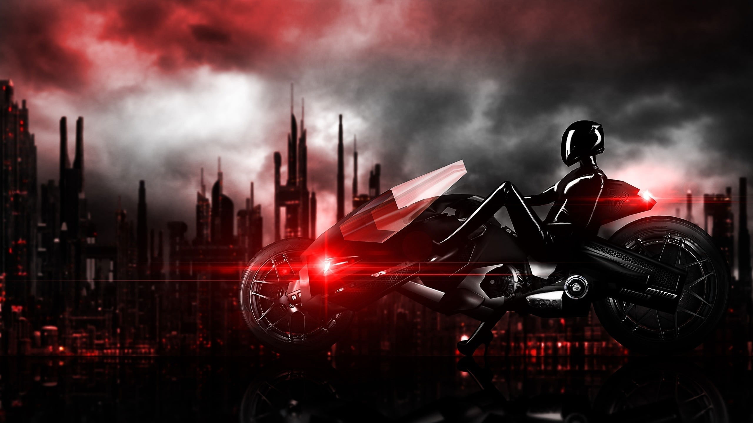 Black sports bike illustration wallpaper, futuristic, cyberpunk, motorcycle
