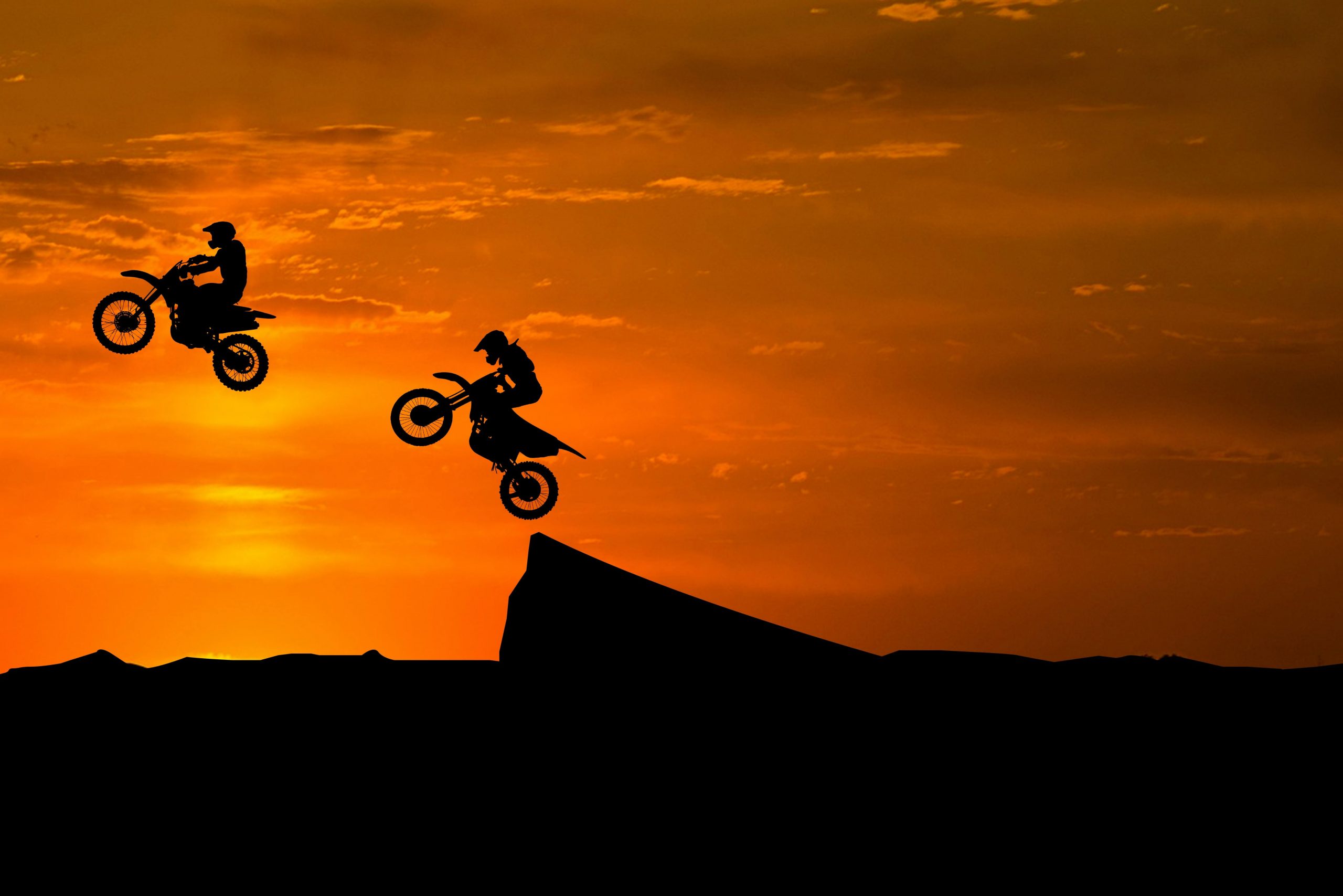 Dirt Bikes wallpaper, Stunts, Silhouette, Sunset, 4K, Off-roading, Motocross