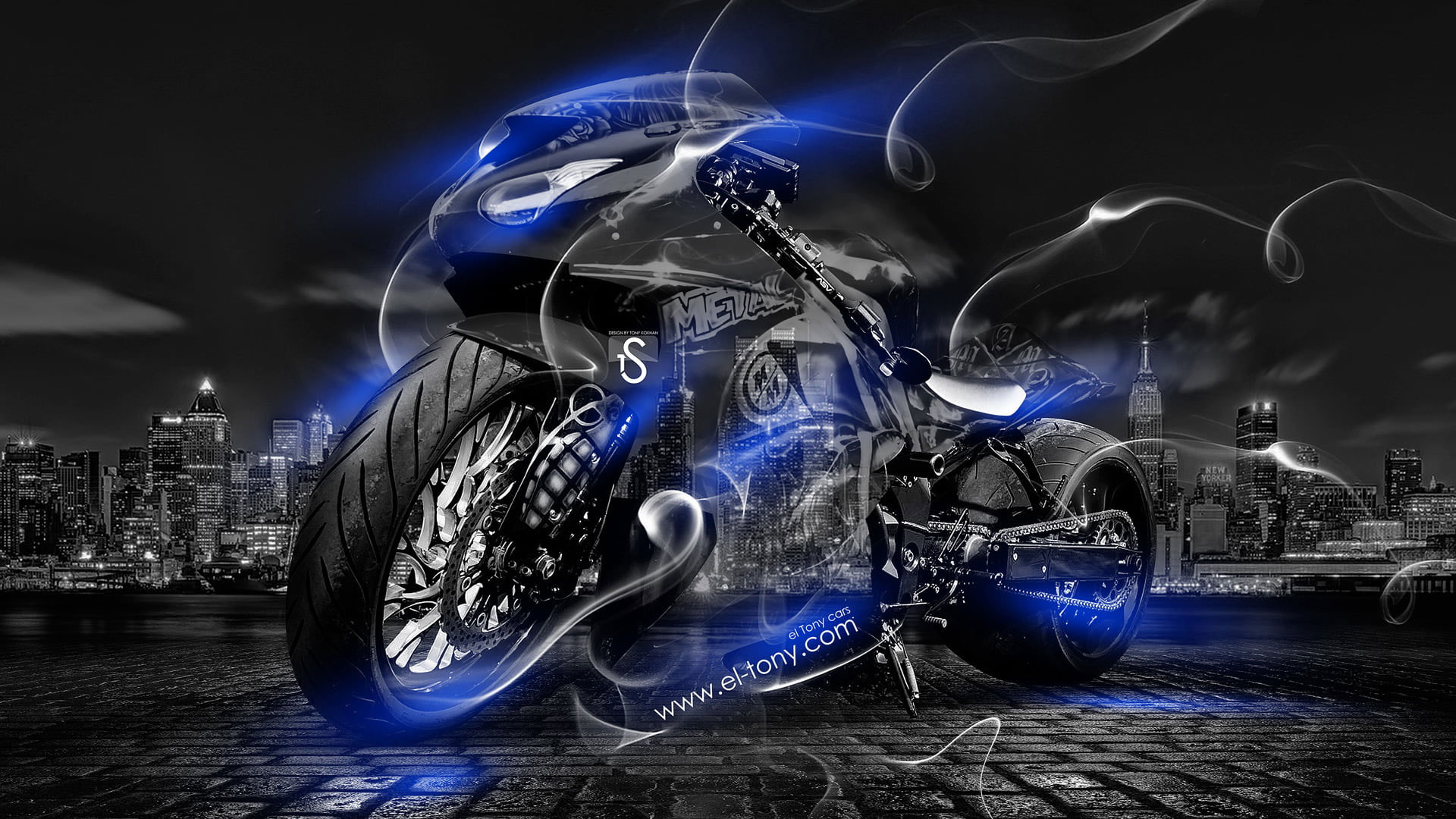 Black sport bike wallpaper, Night, Blue, The city, Smoke, Neon