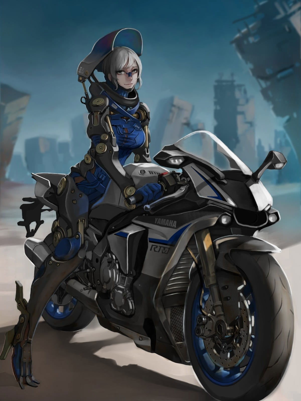 Girl riding gray Yamaha sports bike wallpaper, anime, anime girls